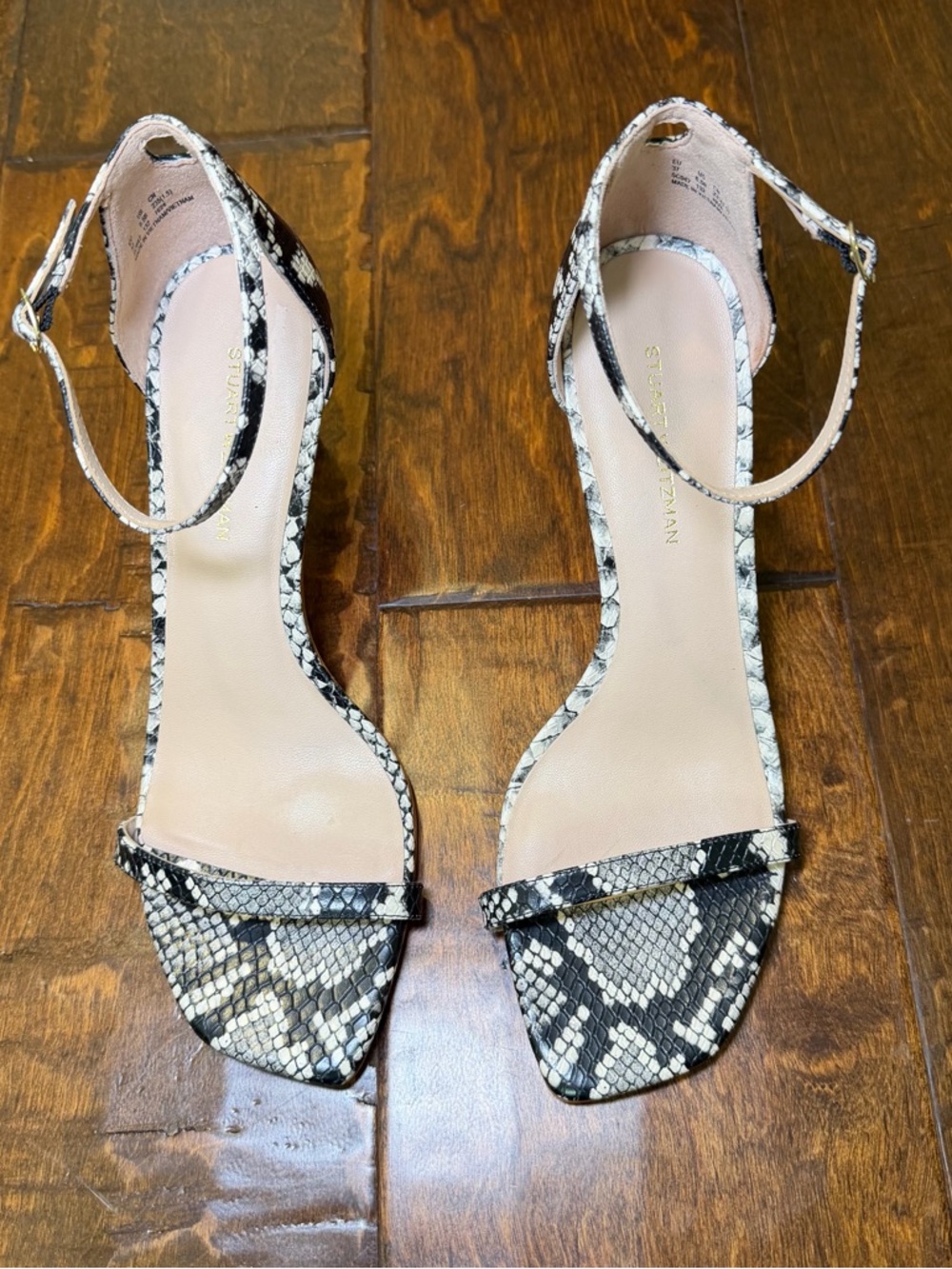 Stuart Weitzman Snake Print Ankle Strap Heels Size 6.5 3” Sandals